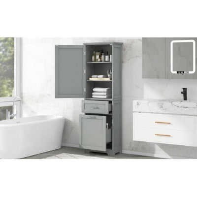 Tall Freestanding Storage Cabinet With Two Different Size Drawers And Adjustable Shelf