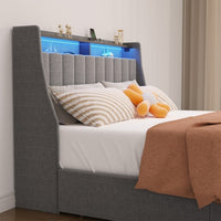 Thumbnail for Queen Size Bed Frame With LED, 4 Under-bed Portable Storage Drawers & Wings Headboard Design