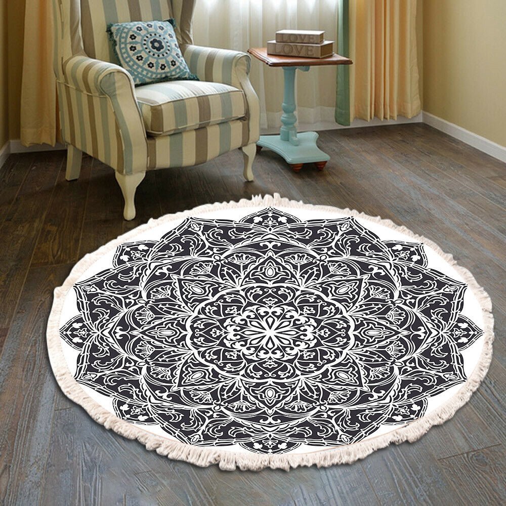 Bedside Mat - Fringe Print Round Rug - Casatrail.com