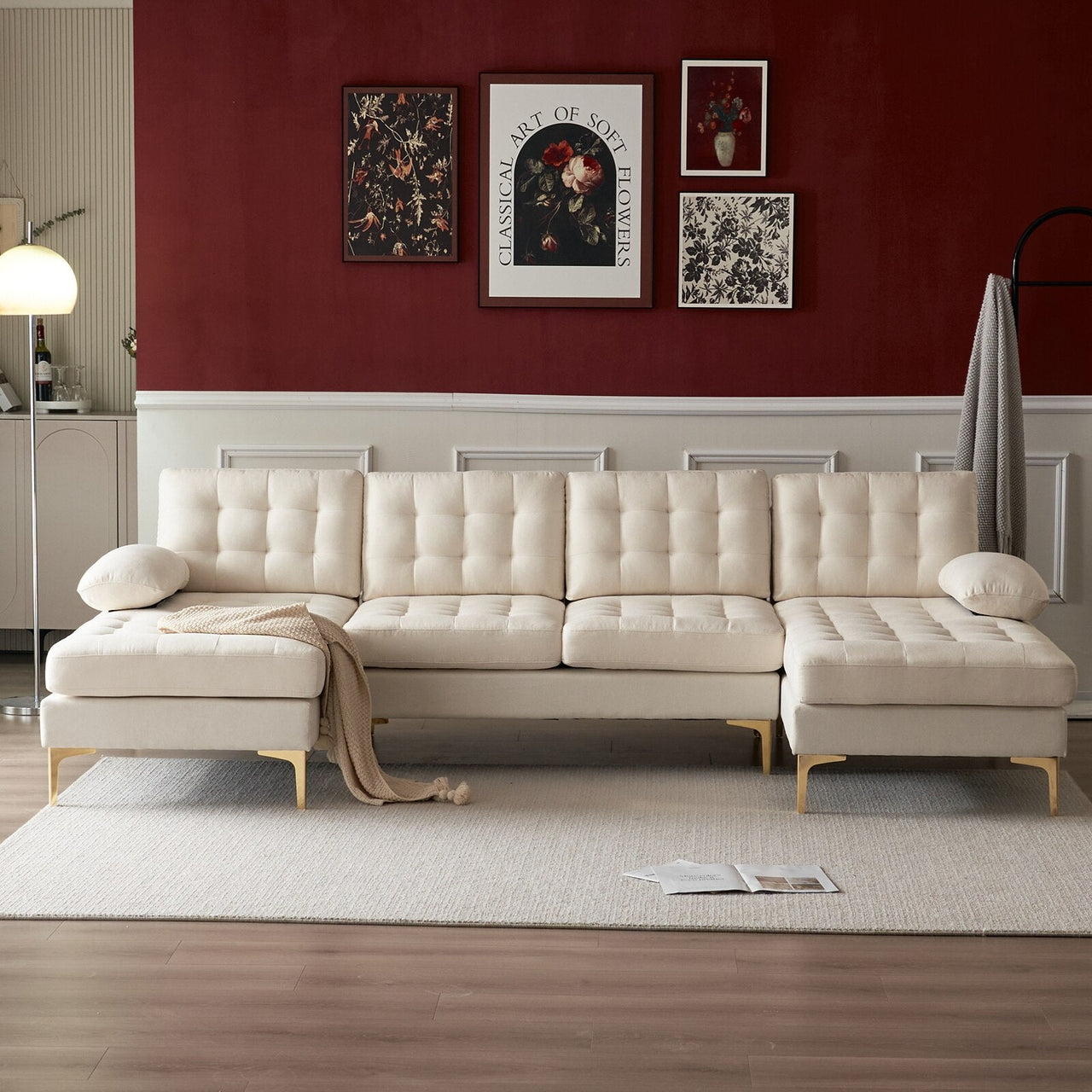 Beige Indoor Sectional Sofa with U - shaped Armrest and Golden Feet - Casatrail.com