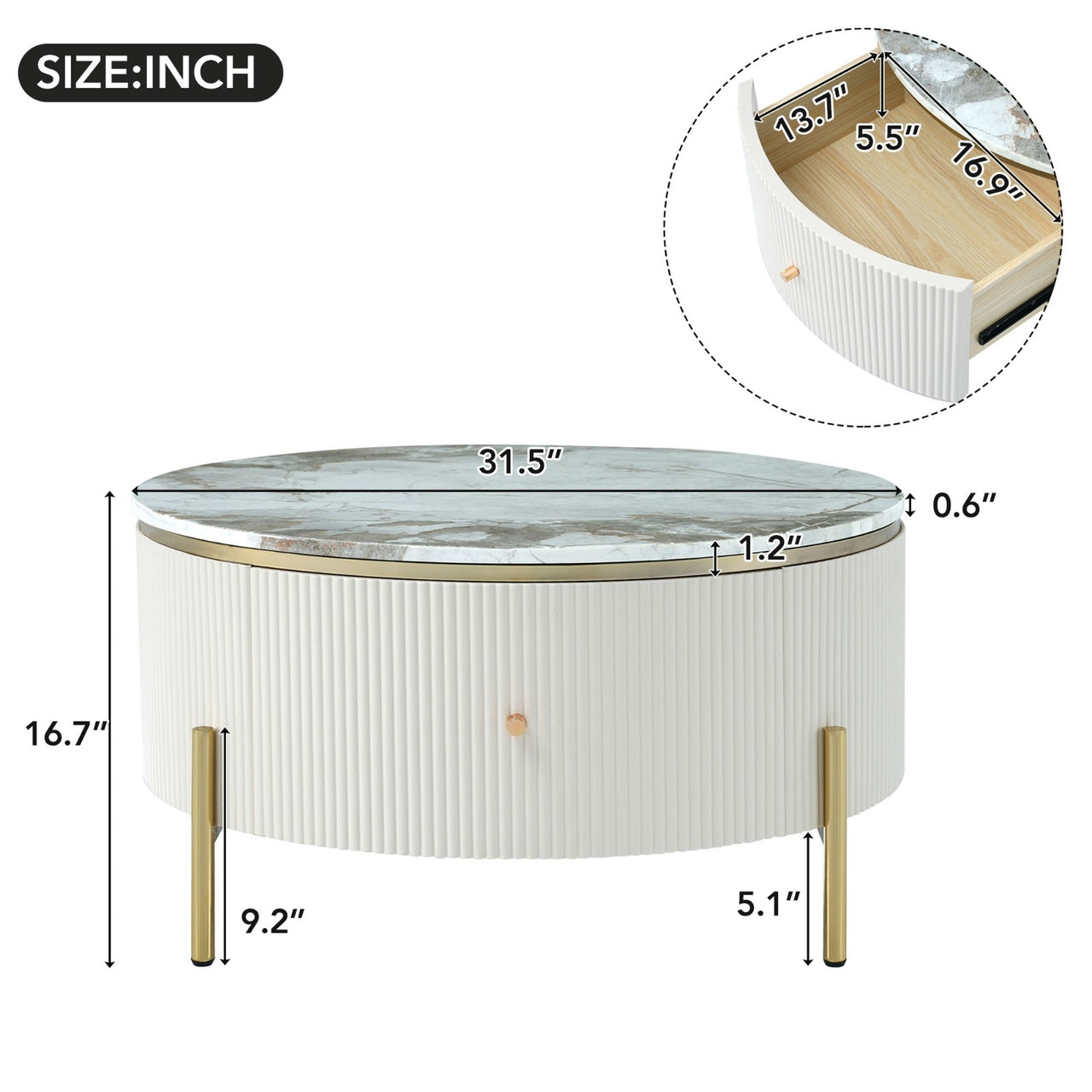 Modern Round Coffee Table With 2 Large Drawers Storage Accent Table