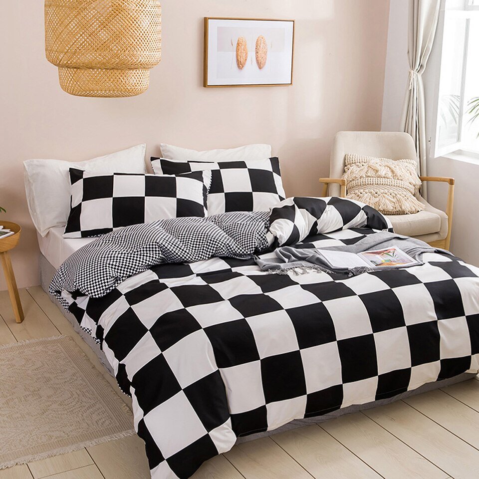 Black And White Bedding Set - Grid Lattice Bed Linen - Summer Duvet Sets - Casatrail.com