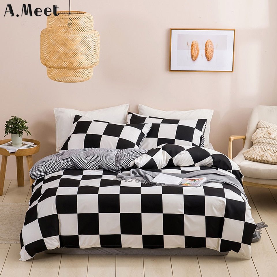 Black And White Bedding Set - Grid Lattice Bed Linen - Summer Duvet Sets - Casatrail.com