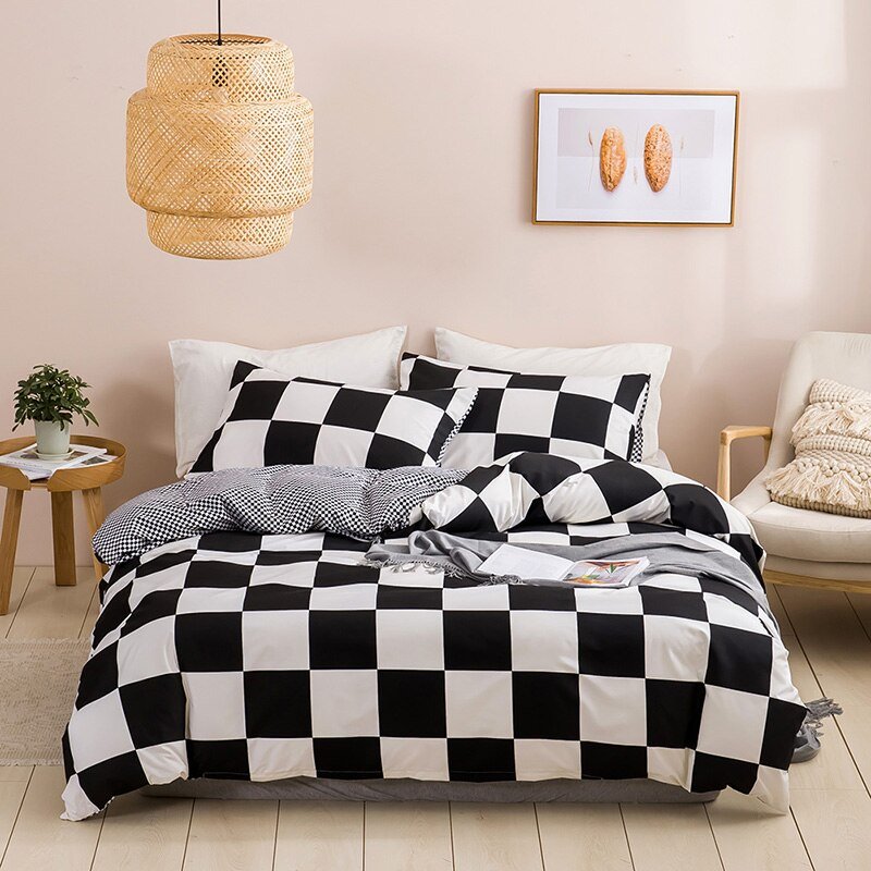 Black And White Bedding Set - Grid Lattice Bed Linen - Summer Duvet Sets - Casatrail.com