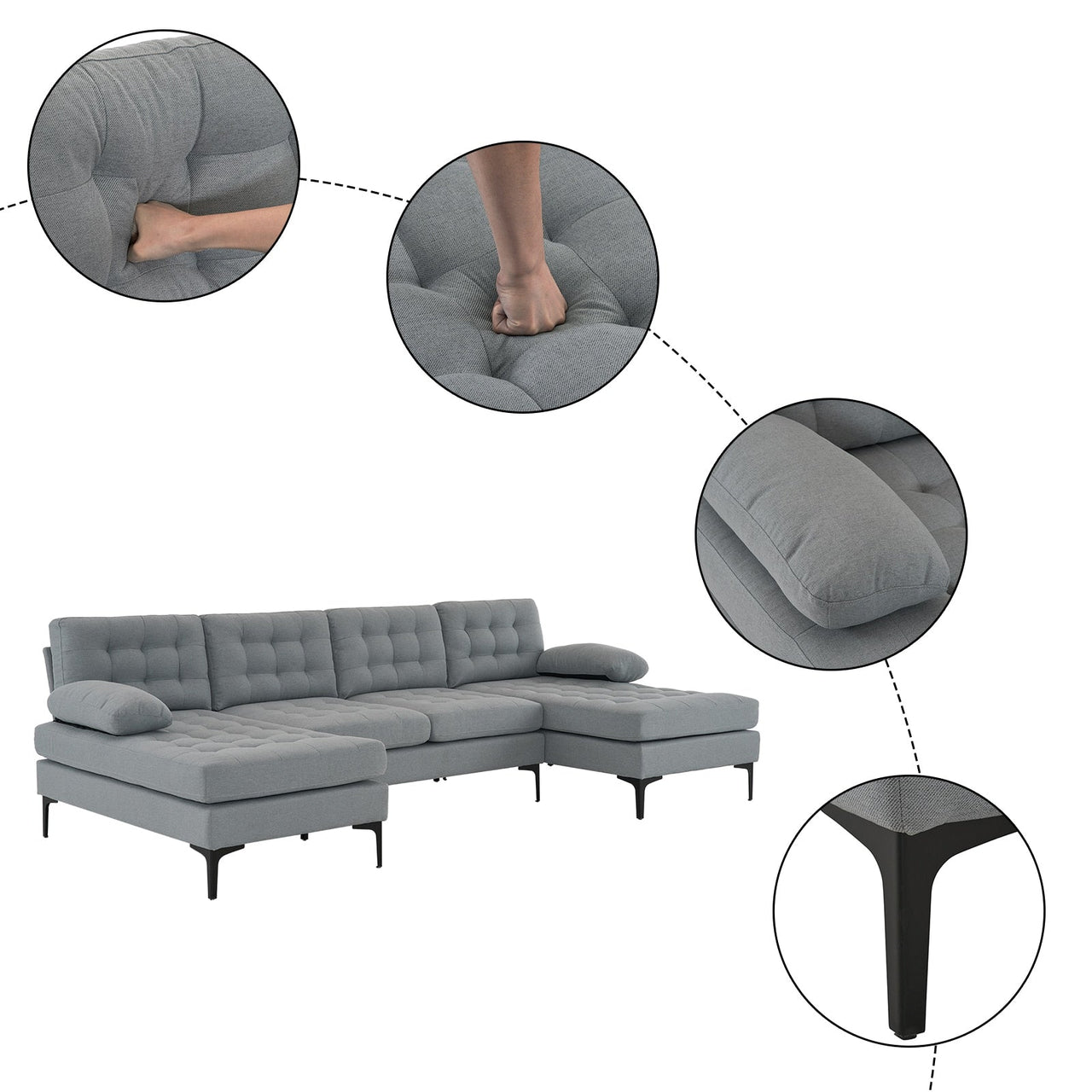 Black Indoor Sectional Sofa with U - shaped Armrest - Casatrail.com