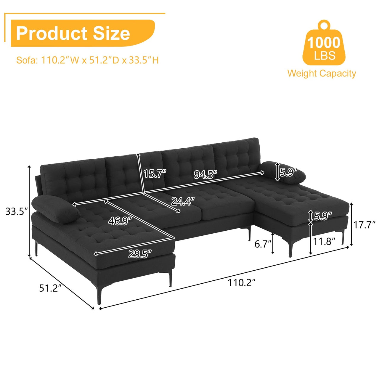 Black Indoor Sectional Sofa with U - shaped Armrest - Casatrail.com