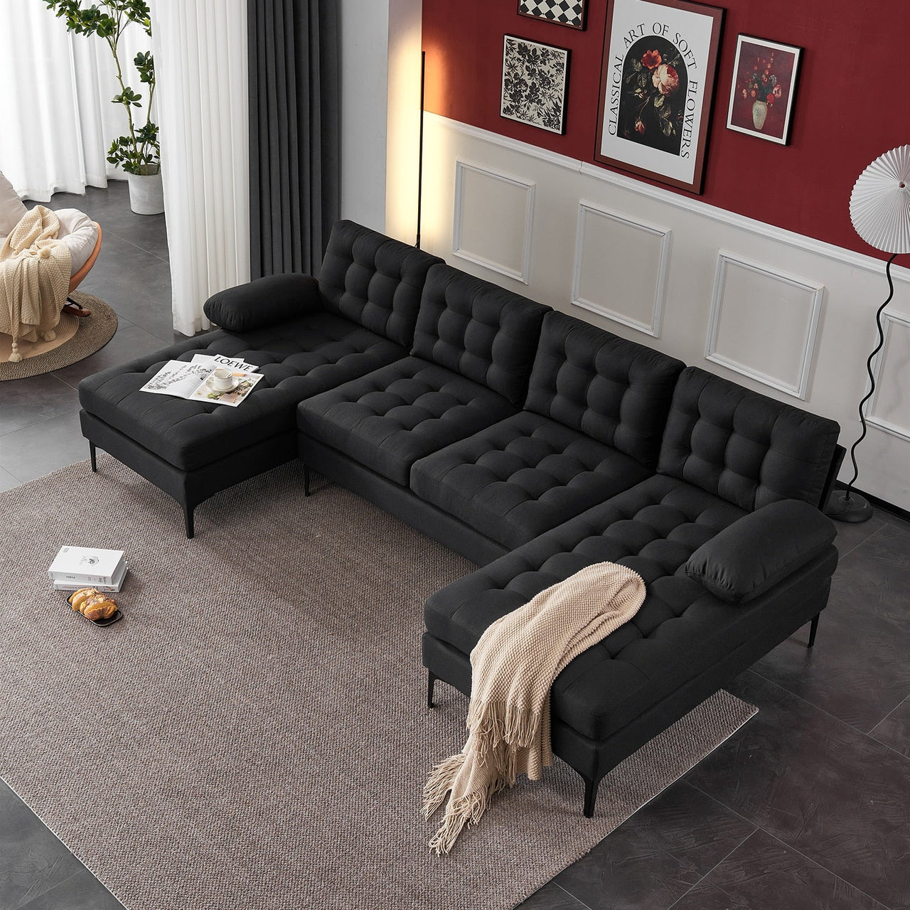 Black Indoor Sectional Sofa with U - shaped Armrest - Casatrail.com