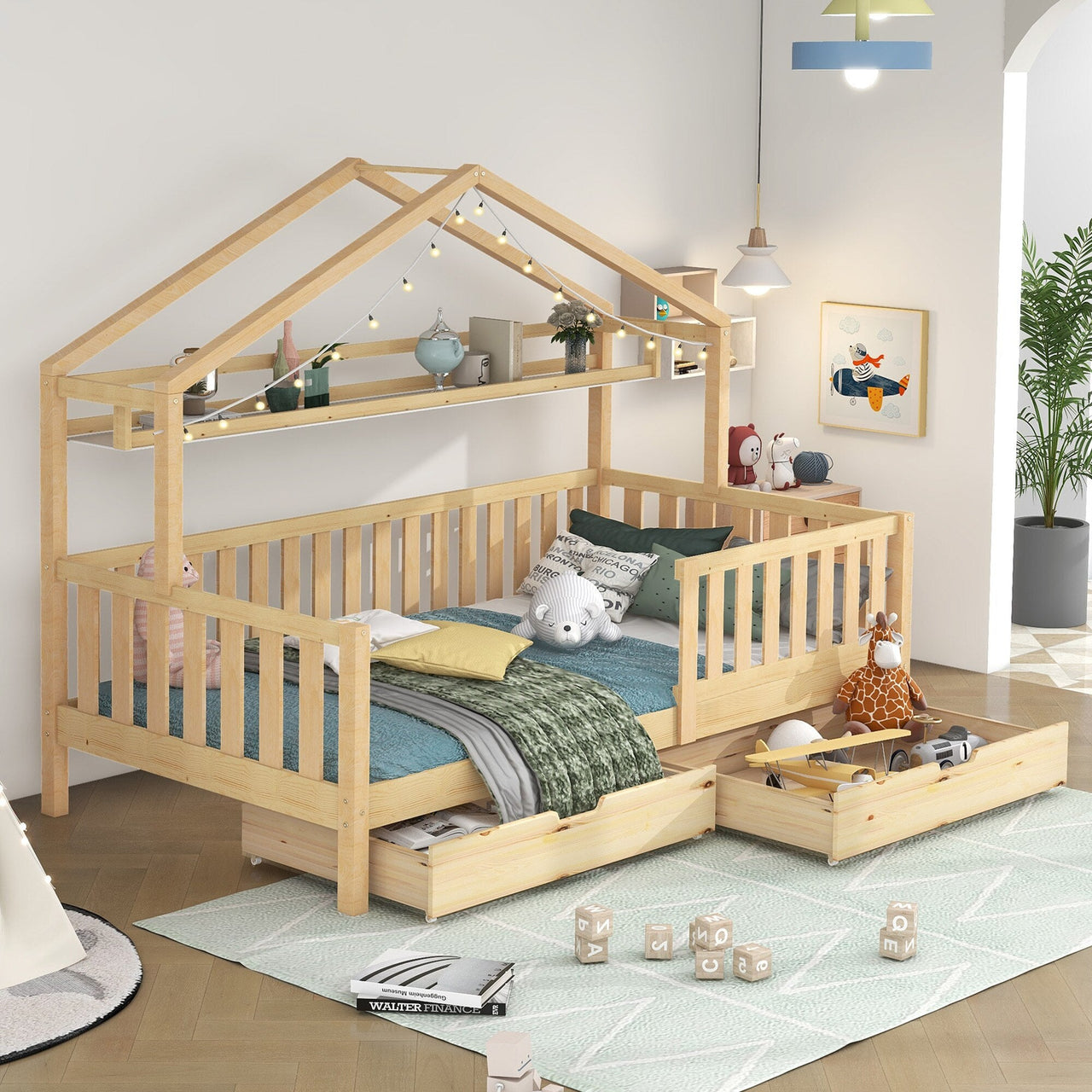 Burlywood House Bed for Children and Youth with Storage Drawers - Casatrail.com