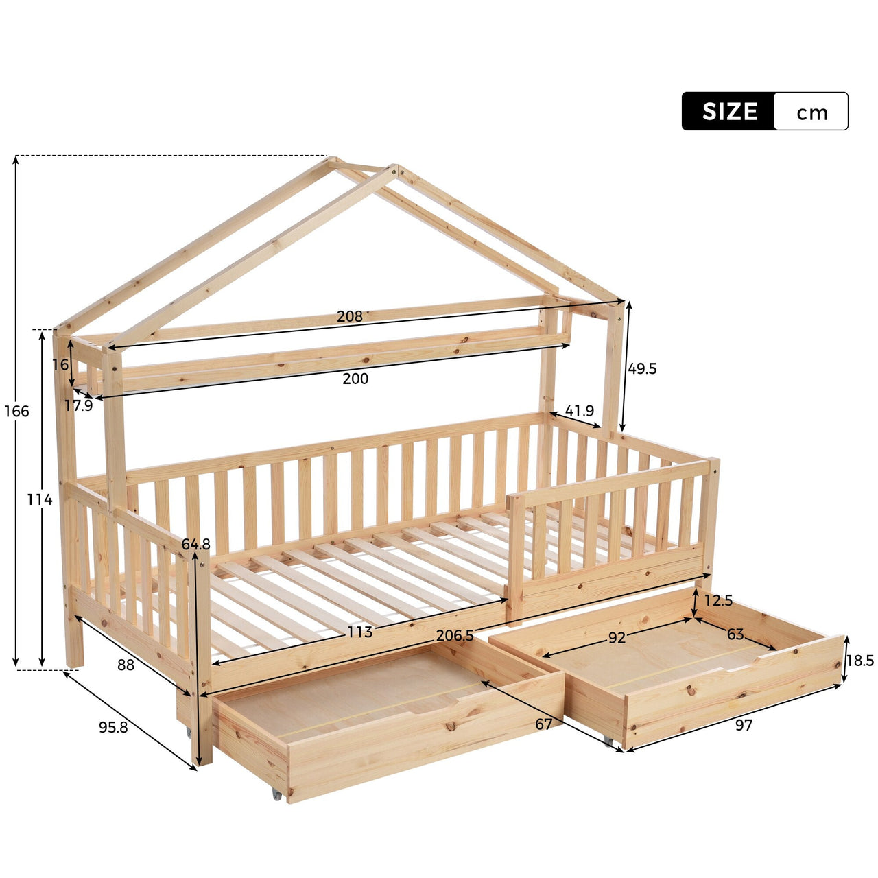 Burlywood House Bed for Children and Youth with Storage Drawers - Casatrail.com
