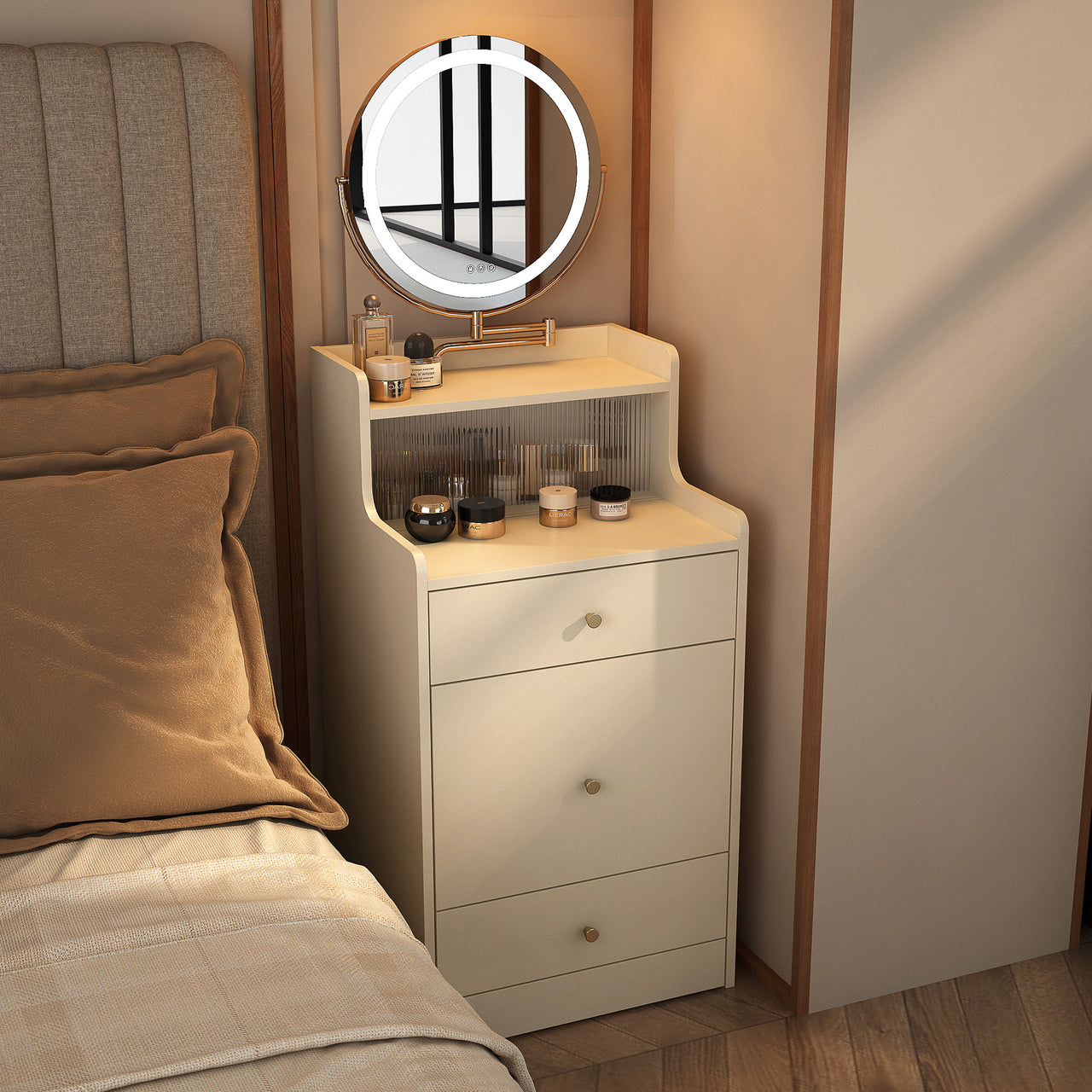 3 In 1 Vanity Desk With Mirror And Light, With 2 Drawers And Open Storage Space