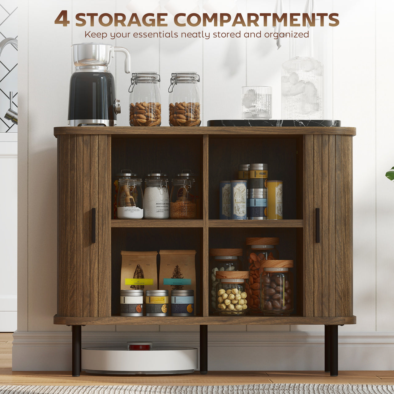 35.4 Sideboard Buffet Cabinet With Storage With Slatted Tambour Doors And Metal Legs