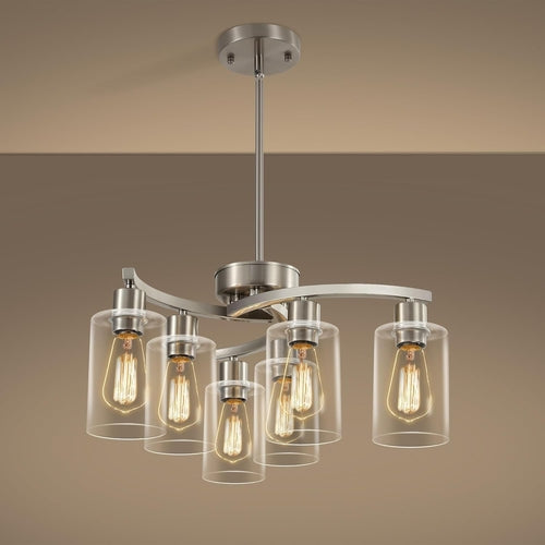 6-Light Brushed Nickel Industrial Glass Chandelier