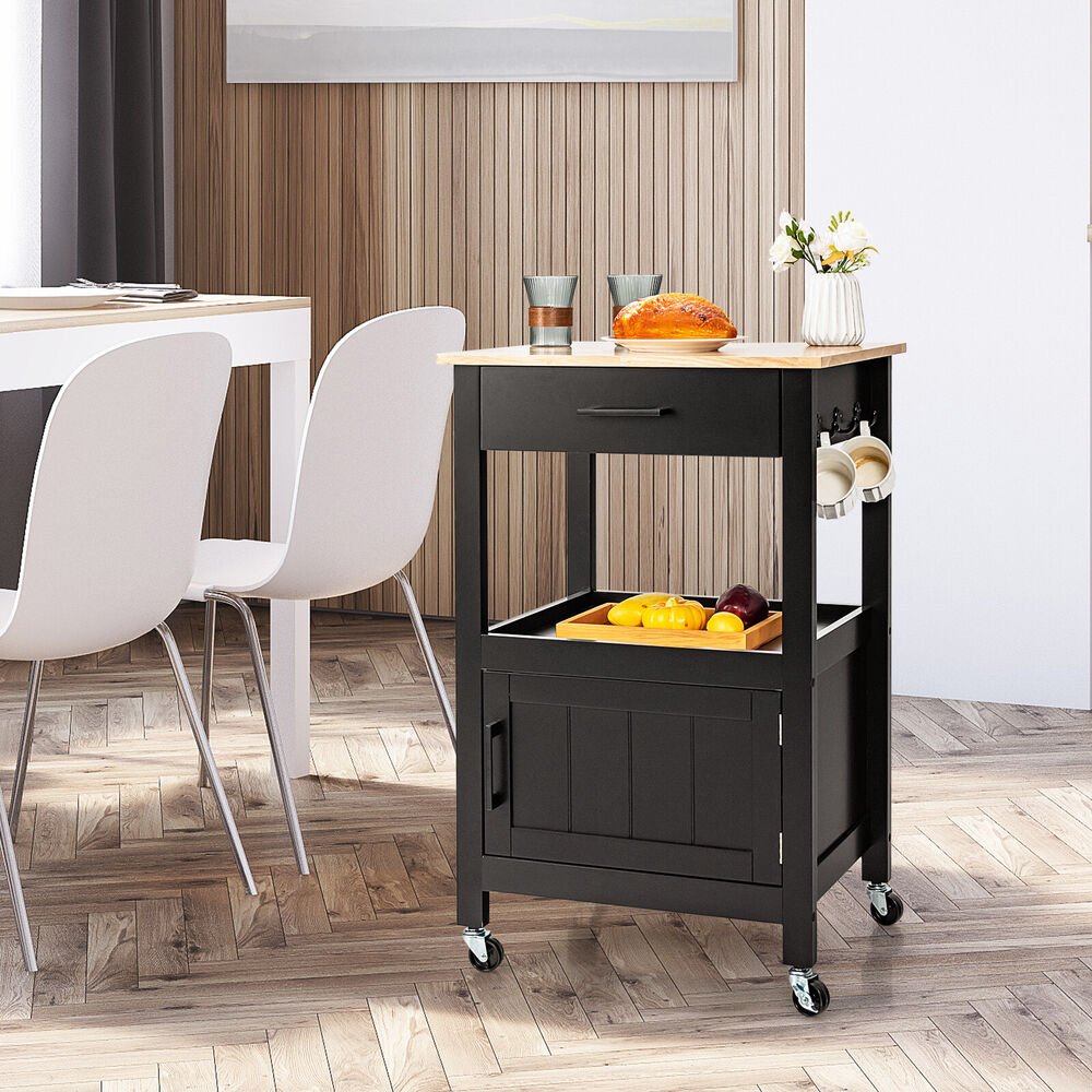 Costway Rolling Black Kitchen Island Cart with Drawer Cabinet - Casatrail.com