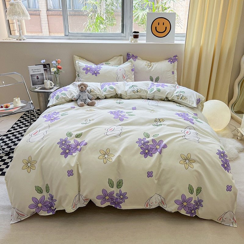 Cute Cartoon Bed Linen Set: Floral Print, Full Queen Size - Casatrail.com