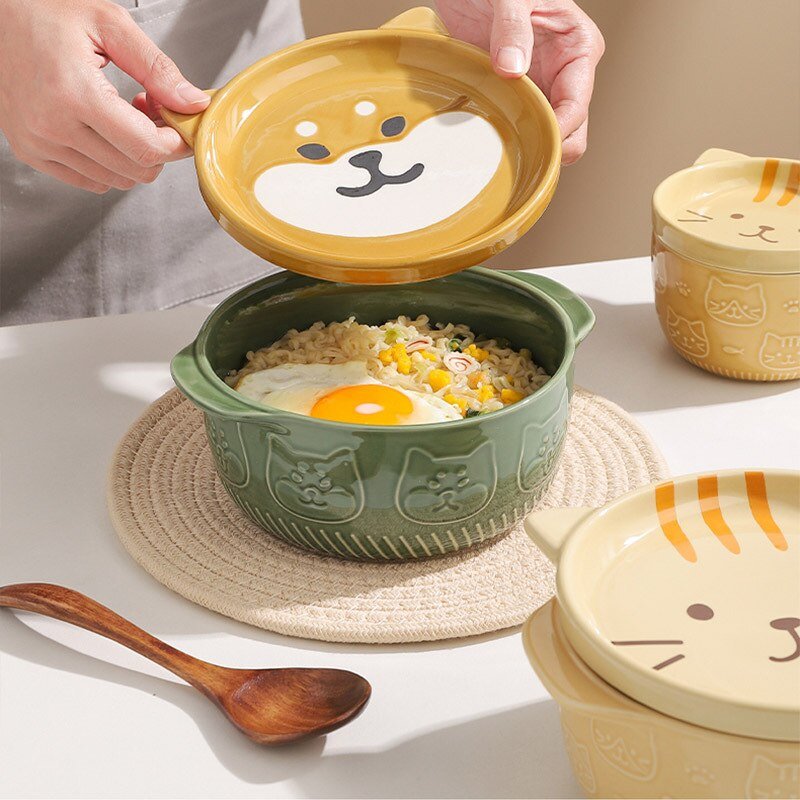 Cute Ceramic Cat Dog Noodle Bowls with Lid - Casatrail.com