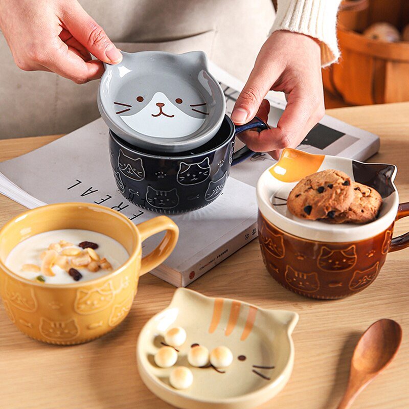 Cute Ceramic Cat Dog Noodle Bowls with Lid - Casatrail.com