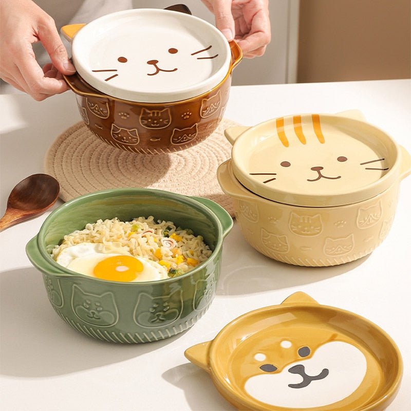 Cute Ceramic Cat Dog Noodle Bowls with Lid - Casatrail.com