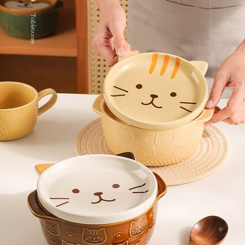 Cute Ceramic Cat Dog Noodle Bowls with Lid - Casatrail.com