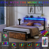 Thumbnail for Queen Size Bed Frame With Storage Headboard And 2 Drawers & LED Lights Bed With Charging Station