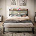 Queen Size Bed Frame With Charging Station & Upholstered Headboard