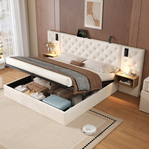 King Upholstered Velvet Hydraulic Storage Bed With Reading Light