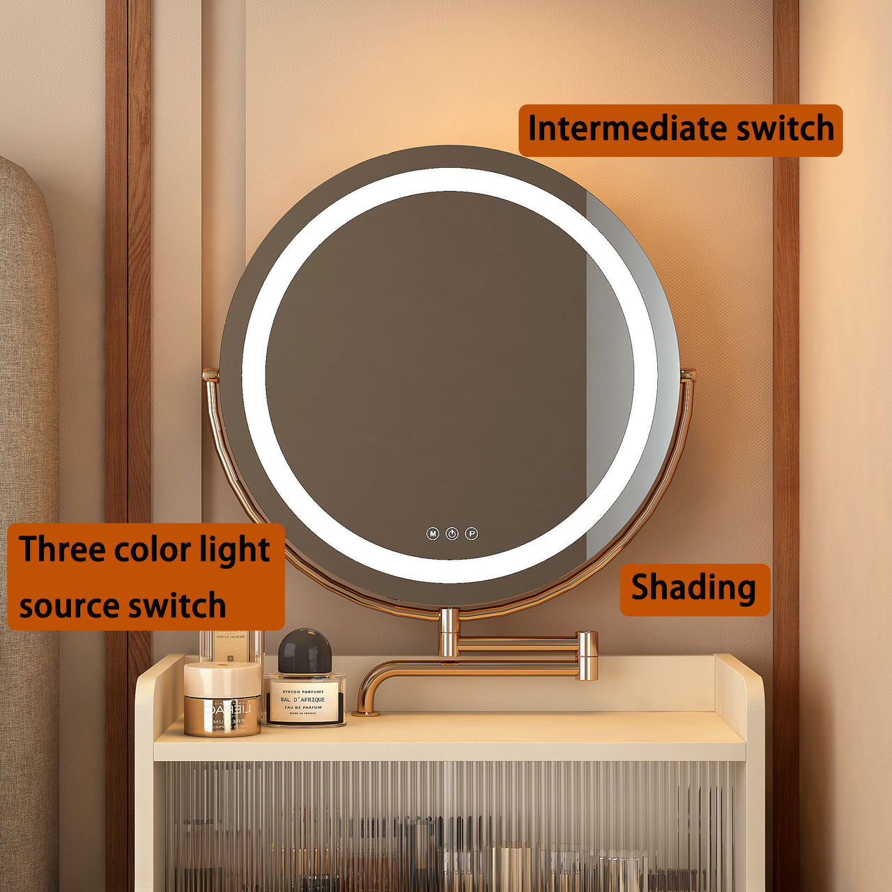 3 In 1 Vanity Desk With Mirror And Light, With 2 Drawers And Open Storage Space