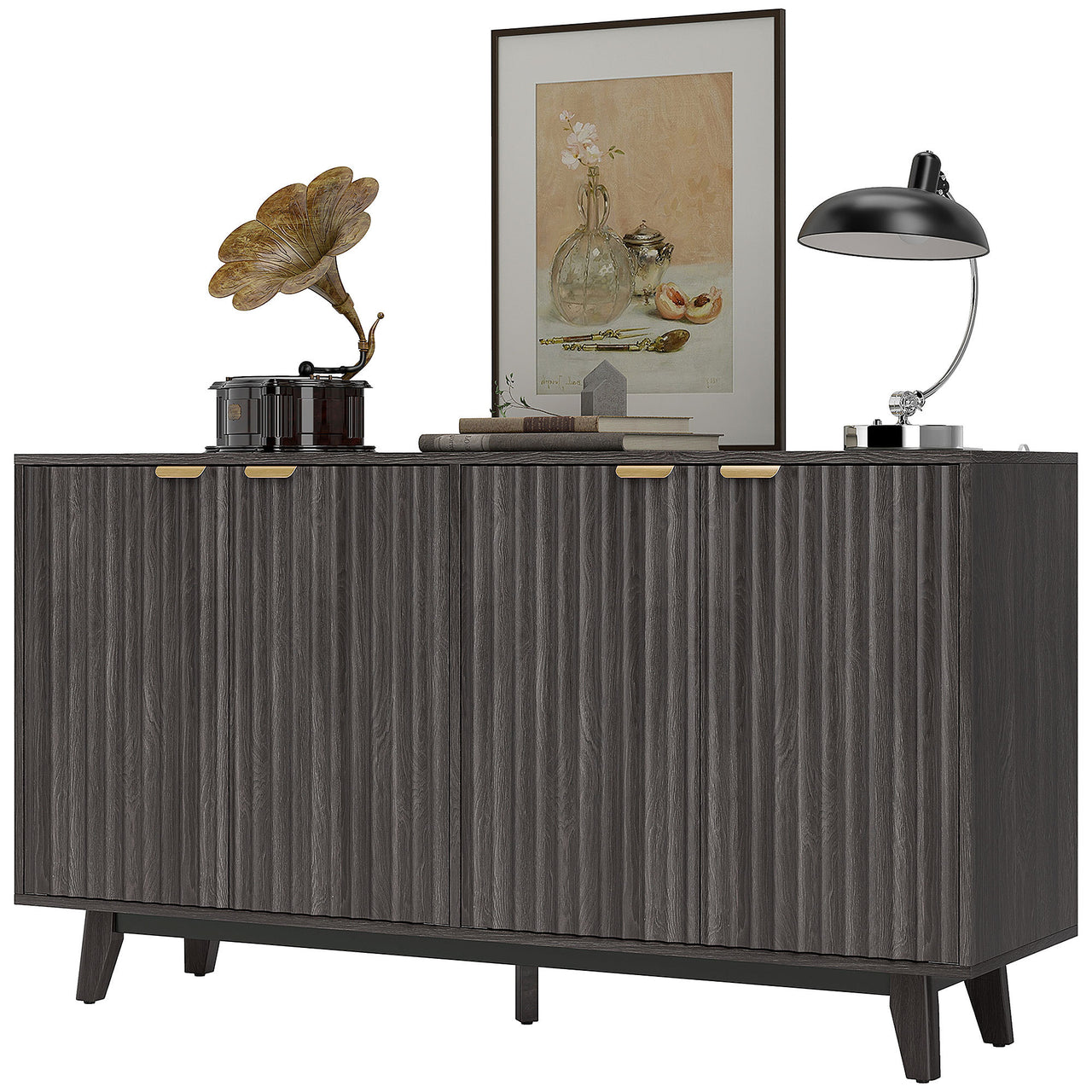 Fluted Sideboard Buffet Cabinet With 4 Doors, 2 Adjustable Shelves, 5 Wood Legs
