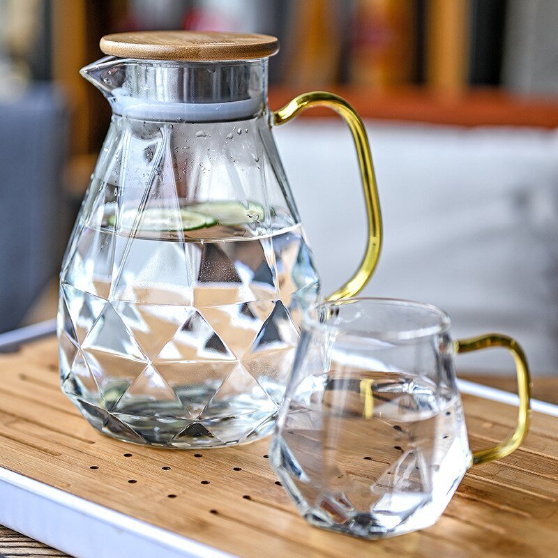 Diamond Pattern Glass Water Jug Transparent Home Carafe Hot Cold Water Pitcher Heat Resistant Coffee Teapot with Bamboo Wood Lid - Casatrail.com