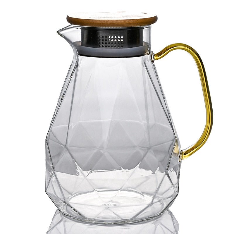 Diamond Pattern Glass Water Jug Transparent Home Carafe Hot Cold Water Pitcher Heat Resistant Coffee Teapot with Bamboo Wood Lid - Casatrail.com