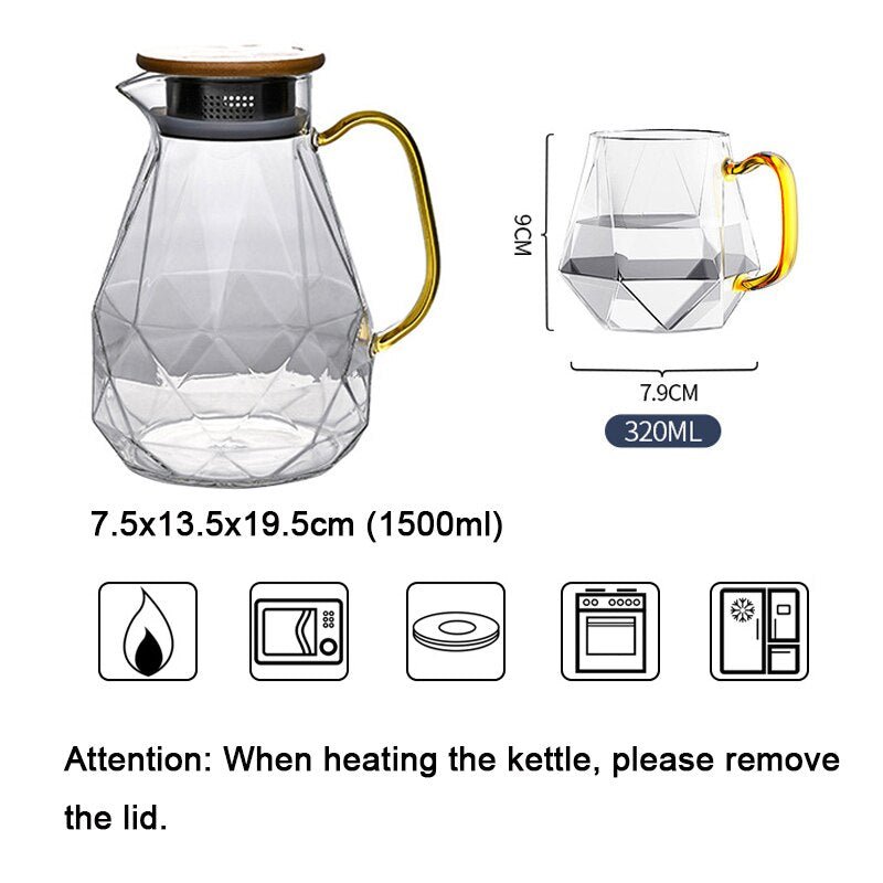 Diamond Pattern Glass Water Jug Transparent Home Carafe Hot Cold Water Pitcher Heat Resistant Coffee Teapot with Bamboo Wood Lid - Casatrail.com