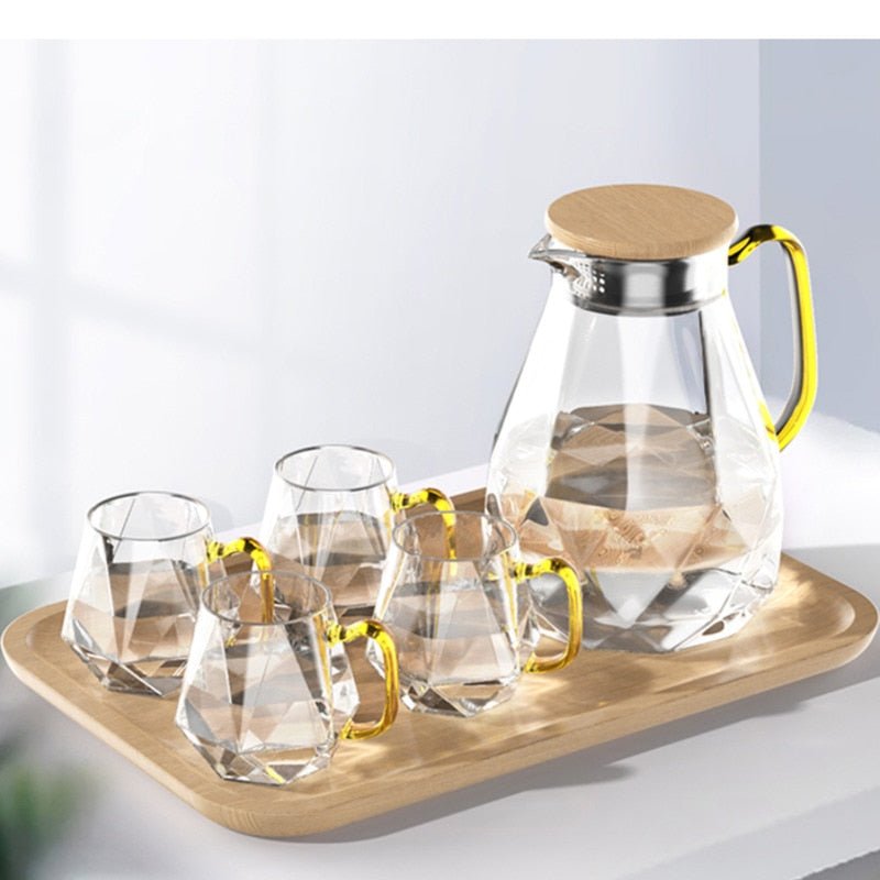 Diamond Pattern Glass Water Jug Transparent Home Carafe Hot Cold Water Pitcher Heat Resistant Coffee Teapot with Bamboo Wood Lid - Casatrail.com