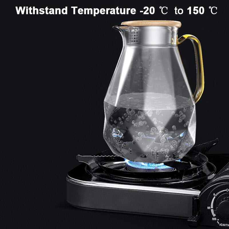 Diamond Pattern Glass Water Jug Transparent Home Carafe Hot Cold Water Pitcher Heat Resistant Coffee Teapot with Bamboo Wood Lid - Casatrail.com