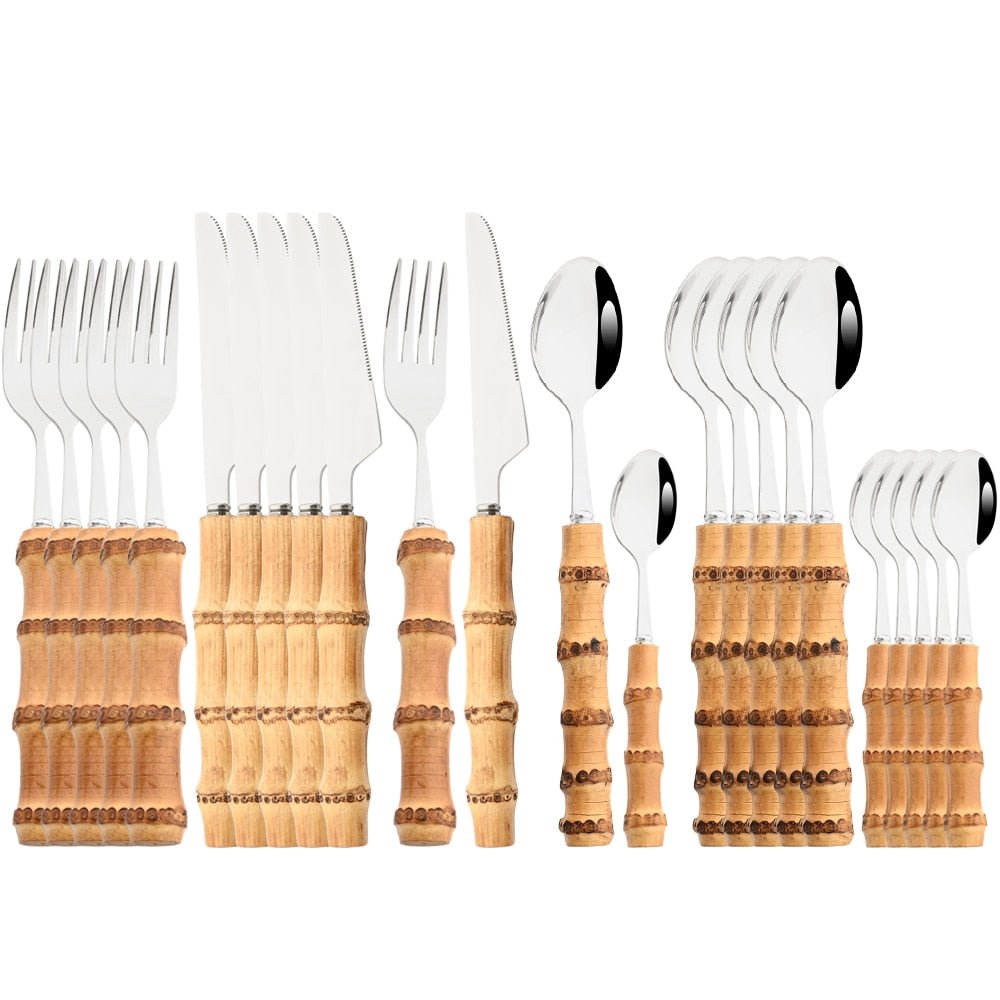 Drmfiy Creative Home Bamboo Handle Stainless Steel Dinnerware Set - Casatrail.com