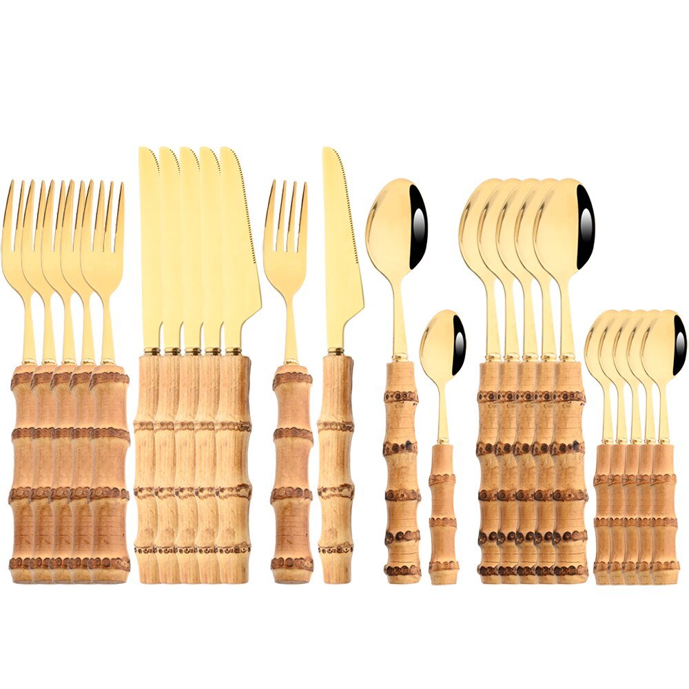 Drmfiy Creative Home Bamboo Handle Stainless Steel Dinnerware Set - Casatrail.com