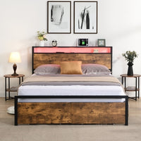 Thumbnail for Queen Size Bed Frame With Storage Headboard And 2 Drawers & LED Lights Bed With Charging Station