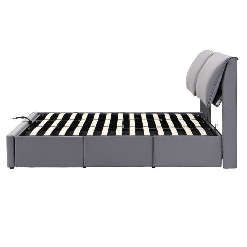 Upholstered King Size Hydraulic Bed with Three Drawers, Bed Box For Storage & Slatted Frame With Headboard, Without Mattress