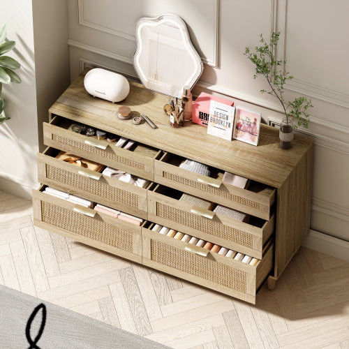 Rattan 6 Drawer Dresser with Metal Handle & Wood Legs