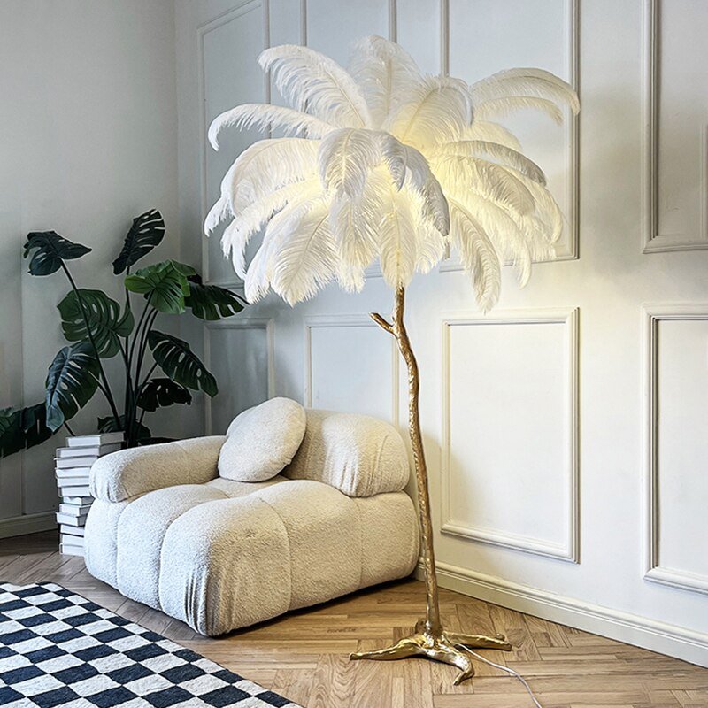 Elegant Ostrich Feather LED Floor Lamp with Copper Base - Casatrail.com