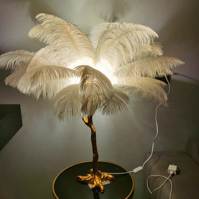 Elegant Ostrich Feather LED Floor Lamp with Copper Base - Casatrail.com