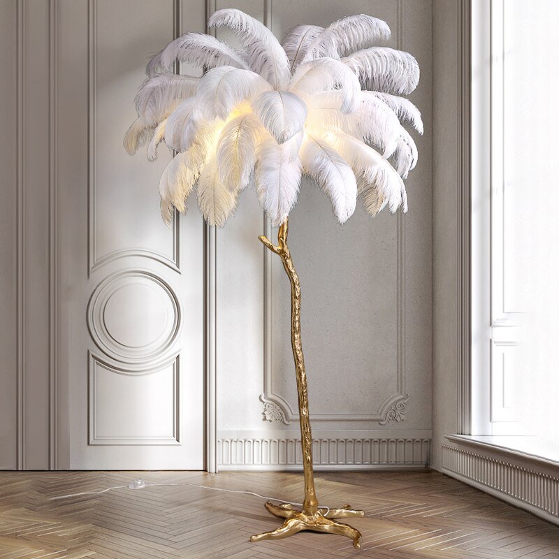 Elegant Ostrich Feather LED Floor Lamp with Copper Base - Casatrail.com