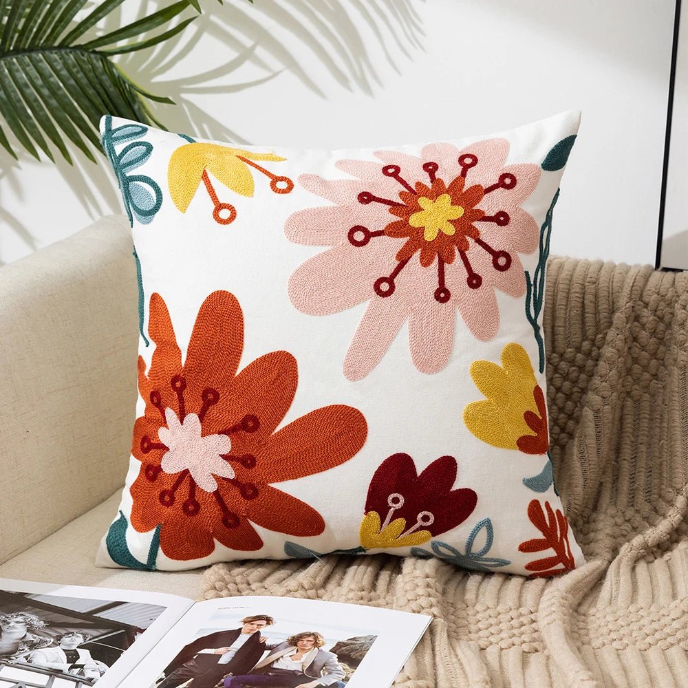 Embroidered Flower Cushion Cover Linen - Casatrail.com