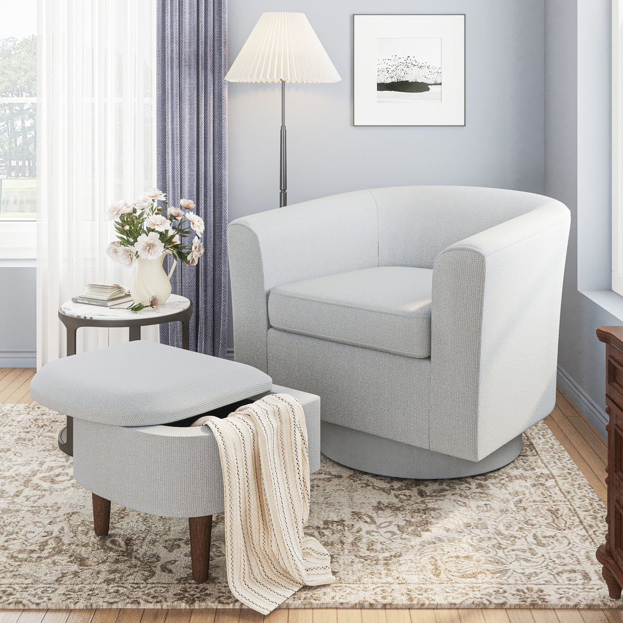 Swivel Barrel Accent Chair With Ottoman