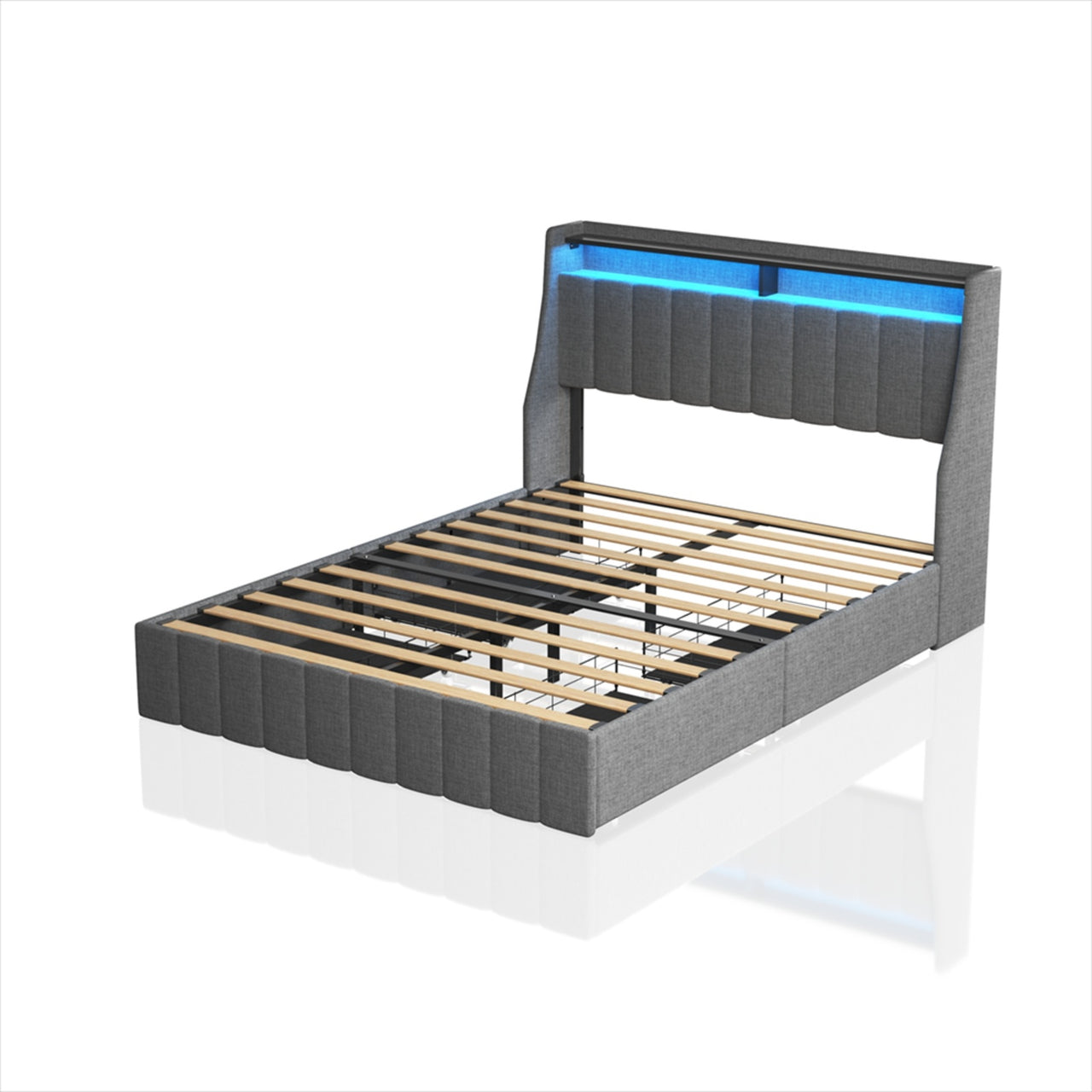Queen Size Bed Frame With LED, Storage Drawers, Wings Headboard