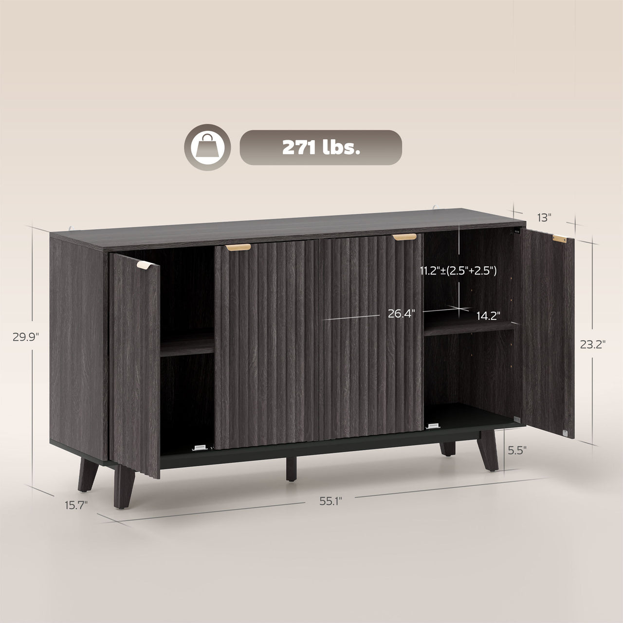 Fluted Sideboard Buffet Cabinet With 4 Doors, 2 Adjustable Shelves, 5 Wood Legs