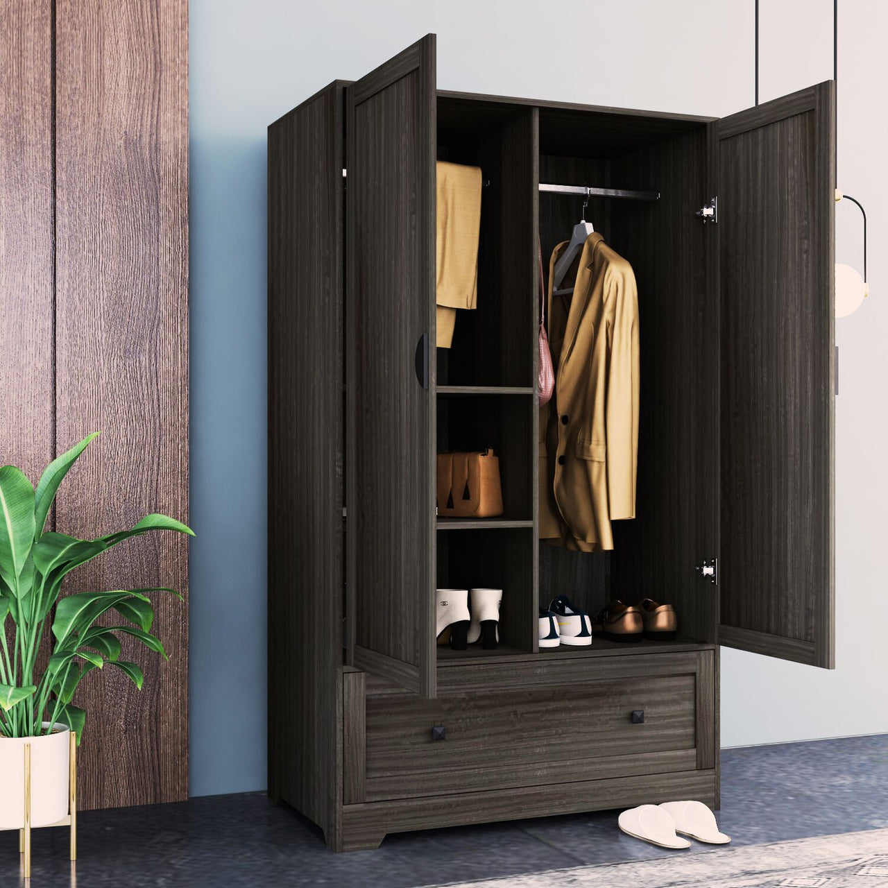 FCH Wooden Wardrobe with 2 Doors and 1 Drawer (Brown) - Casatrail.com