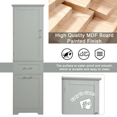 Tall Freestanding Storage Cabinet With Two Different Size Drawers And Adjustable Shelf