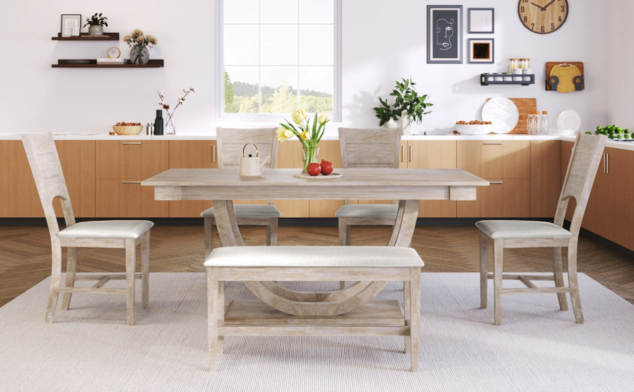 6-Piece Wood Half Round Dining Table Set With Long Bench & 4 Chairs