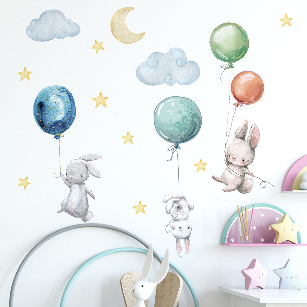 Flying Rabbits Balloon Moon Nursery Decor Kids Baby Room - Casatrail.com