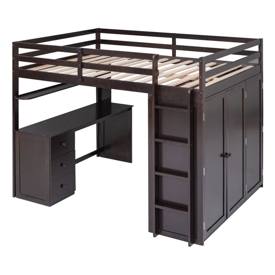 Full Size Espresso Loft Bed with Drawers and Desk - Casatrail.com