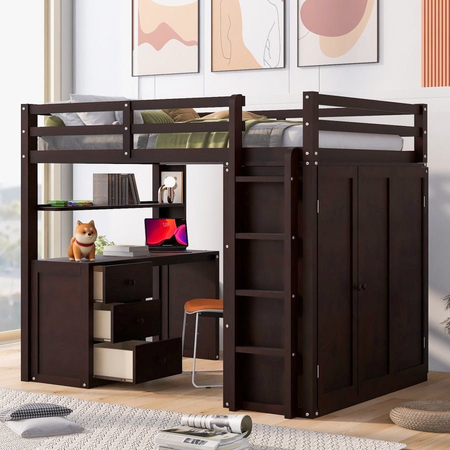 Full Size Espresso Loft Bed with Drawers and Desk - Casatrail.com